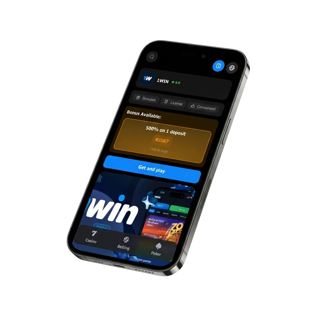 1win app download page showing Android APK and iOS options with sports betting, casino games, and bonus offers